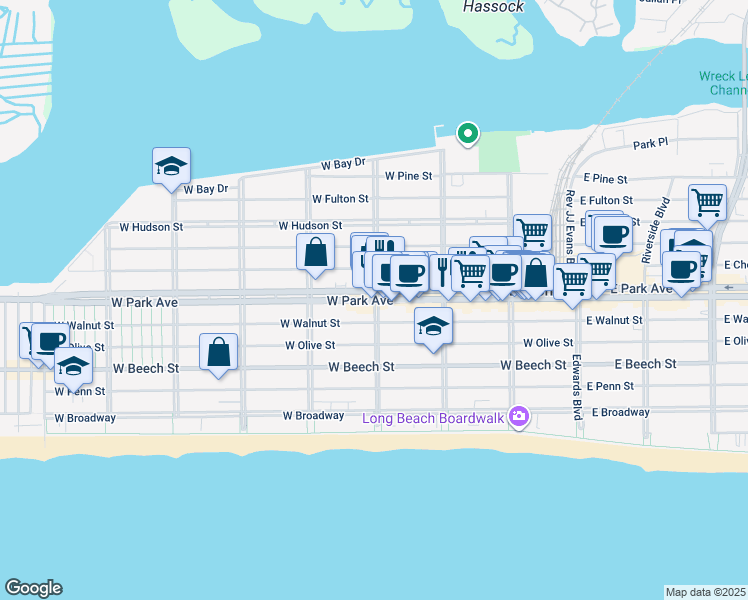 map of restaurants, bars, coffee shops, grocery stores, and more near West Park Avenue & Laurelton Boulevard in Long Beach