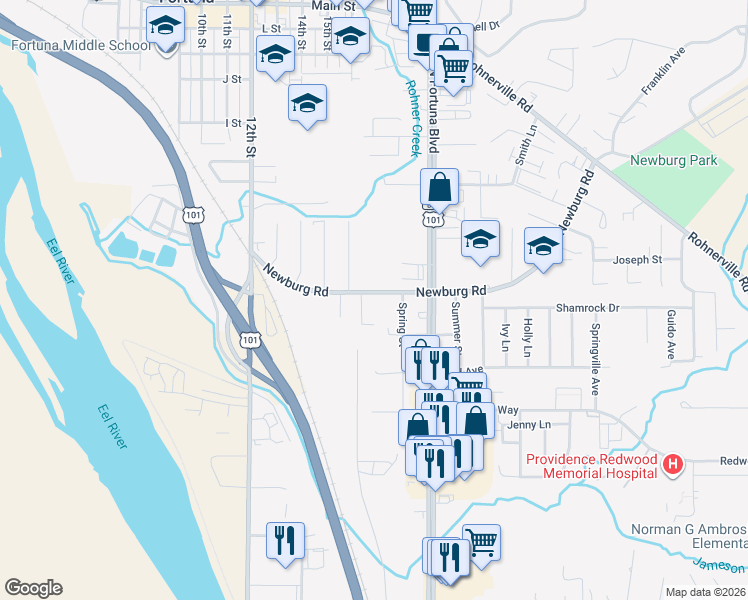 map of restaurants, bars, coffee shops, grocery stores, and more near 1650 Newburg Road in Fortuna