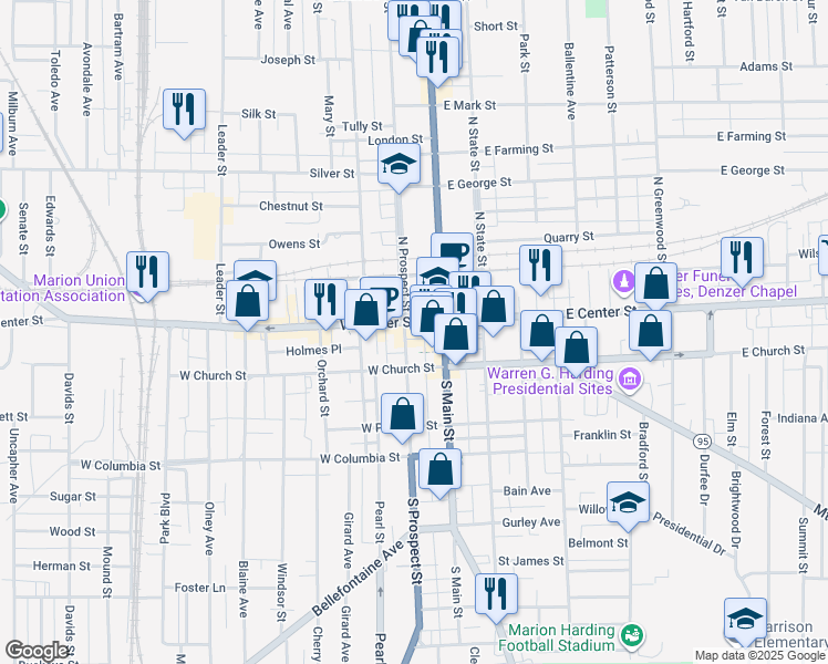 map of restaurants, bars, coffee shops, grocery stores, and more near 143 West Center Street in Marion