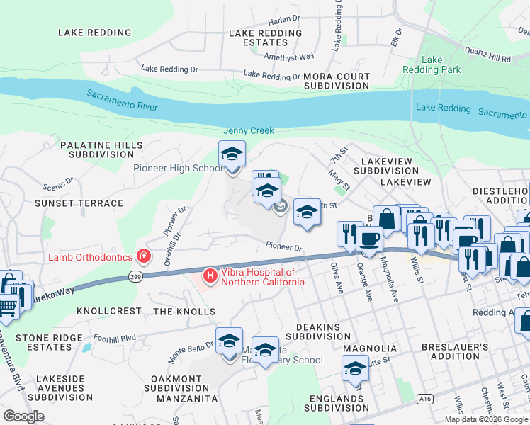map of restaurants, bars, coffee shops, grocery stores, and more near 2500 Eureka Way in Redding