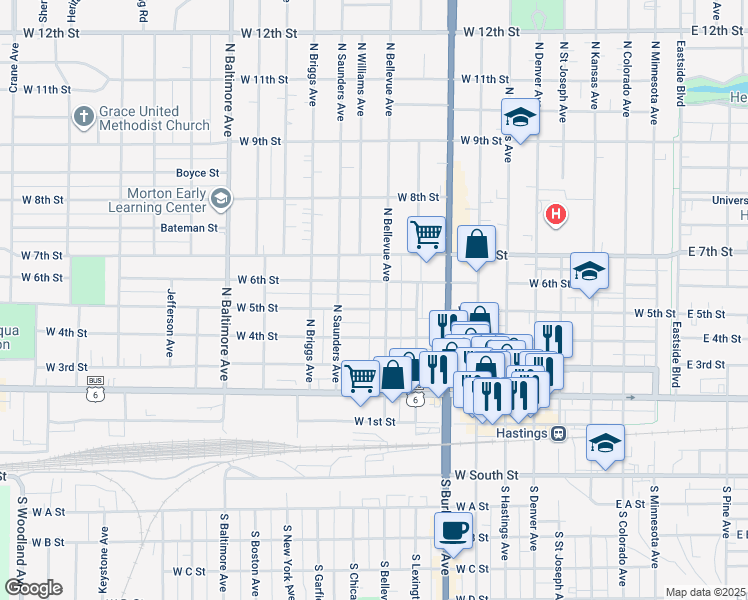 map of restaurants, bars, coffee shops, grocery stores, and more near 505 North Bellevue Avenue in Hastings