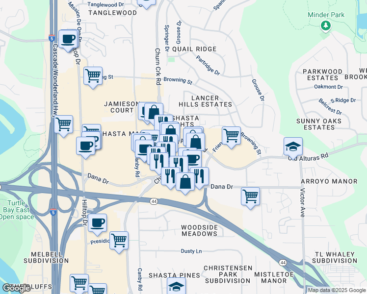 map of restaurants, bars, coffee shops, grocery stores, and more near 1335 Churn Creek Rd in Redding