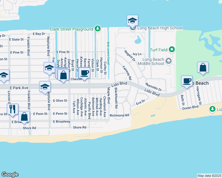map of restaurants, bars, coffee shops, grocery stores, and more near 41 Lido Boulevard in Long Beach