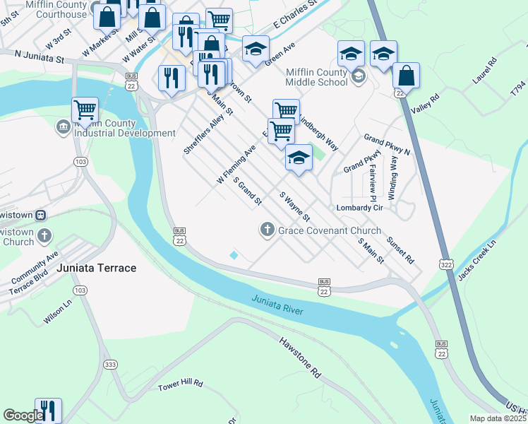 map of restaurants, bars, coffee shops, grocery stores, and more near 606 South Grand Street in Lewistown
