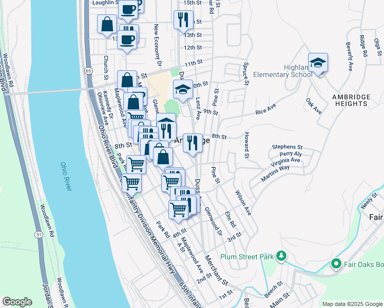 map of restaurants, bars, coffee shops, grocery stores, and more near in Ambridge