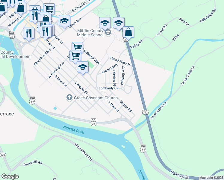 map of restaurants, bars, coffee shops, grocery stores, and more near 1 Sunset Road in Lewistown