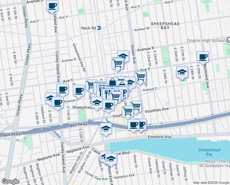 map of restaurants, bars, coffee shops, grocery stores, and more near 2570 East 17th Street in Brooklyn