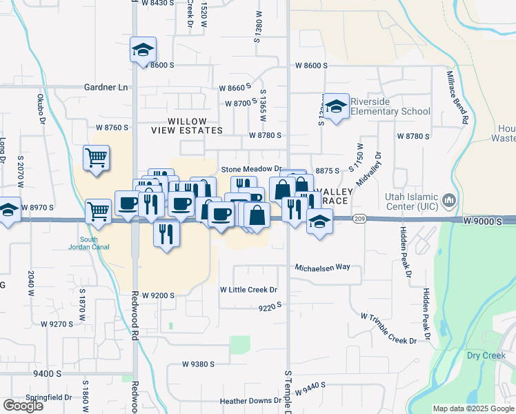 map of restaurants, bars, coffee shops, grocery stores, and more near 1390 9000 South in West Jordan