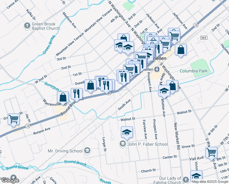 map of restaurants, bars, coffee shops, grocery stores, and more near in Dunellen