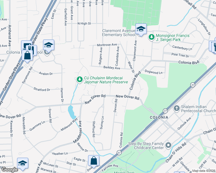 map of restaurants, bars, coffee shops, grocery stores, and more near 31 Warwick Road in Woodbridge Township