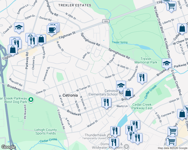 map of restaurants, bars, coffee shops, grocery stores, and more near 3737 West Chew Street in Allentown