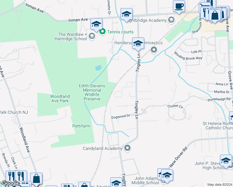 map of restaurants, bars, coffee shops, grocery stores, and more near 38 Hawthorn Drive in Edison