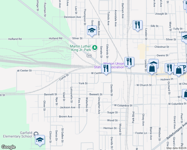 map of restaurants, bars, coffee shops, grocery stores, and more near 767 West Center Street in Marion