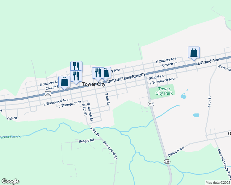 map of restaurants, bars, coffee shops, grocery stores, and more near 630 East Wiconisco Avenue in Tower City