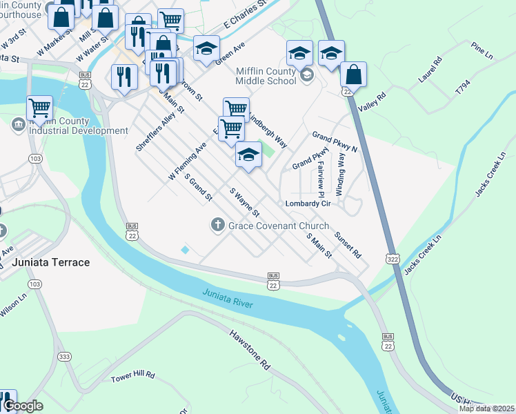 map of restaurants, bars, coffee shops, grocery stores, and more near 701 South Wayne Street in Lewistown