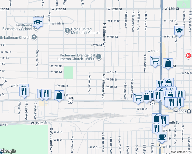 map of restaurants, bars, coffee shops, grocery stores, and more near 1603 West 6th Street in Hastings