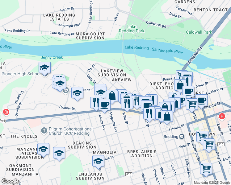 map of restaurants, bars, coffee shops, grocery stores, and more near 930 West Street in Redding