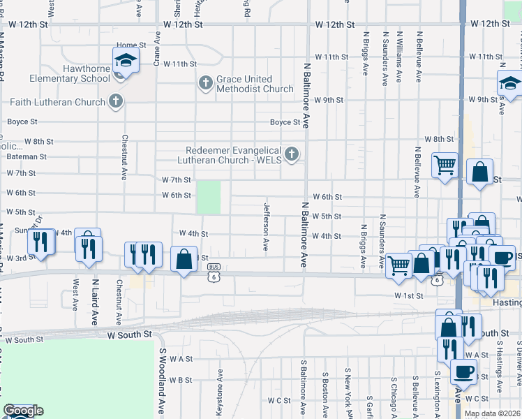 map of restaurants, bars, coffee shops, grocery stores, and more near 501-599 Jefferson Ave in Hastings