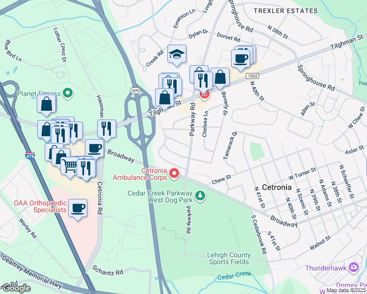 map of restaurants, bars, coffee shops, grocery stores, and more near 4216 Oakleigh Road in Allentown