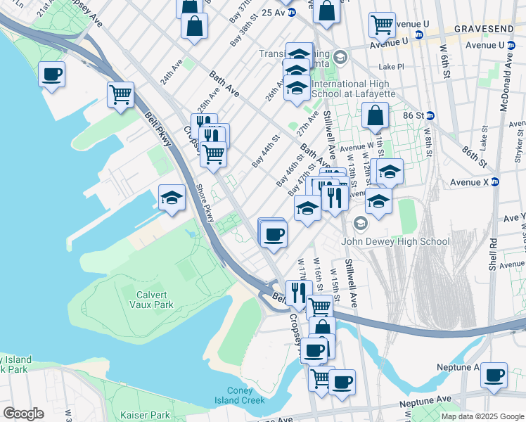 map of restaurants, bars, coffee shops, grocery stores, and more near 195 Bay 46th Street in Brooklyn