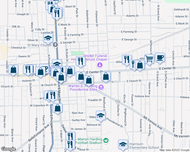 map of restaurants, bars, coffee shops, grocery stores, and more near 333 East Center Street in Marion
