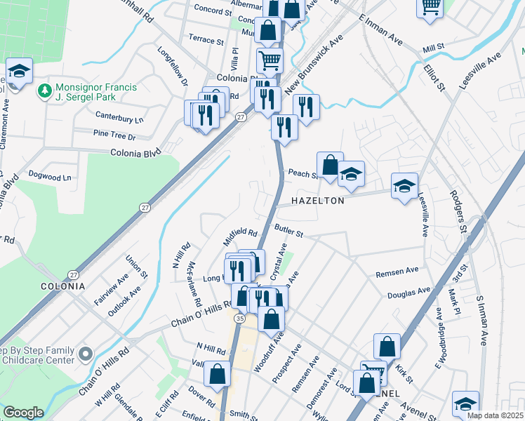 map of restaurants, bars, coffee shops, grocery stores, and more near 20 Ronald Drive in Woodbridge Township