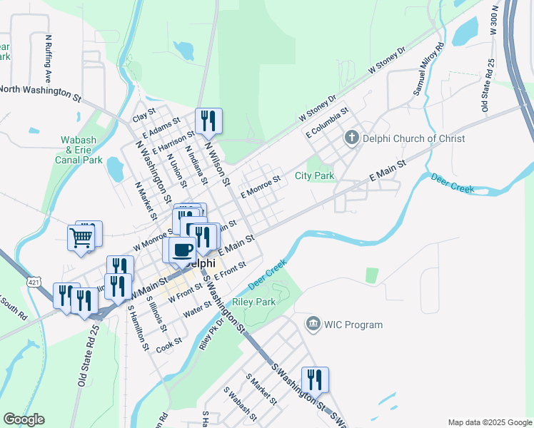 map of restaurants, bars, coffee shops, grocery stores, and more near 101-149 South High Street in Delphi