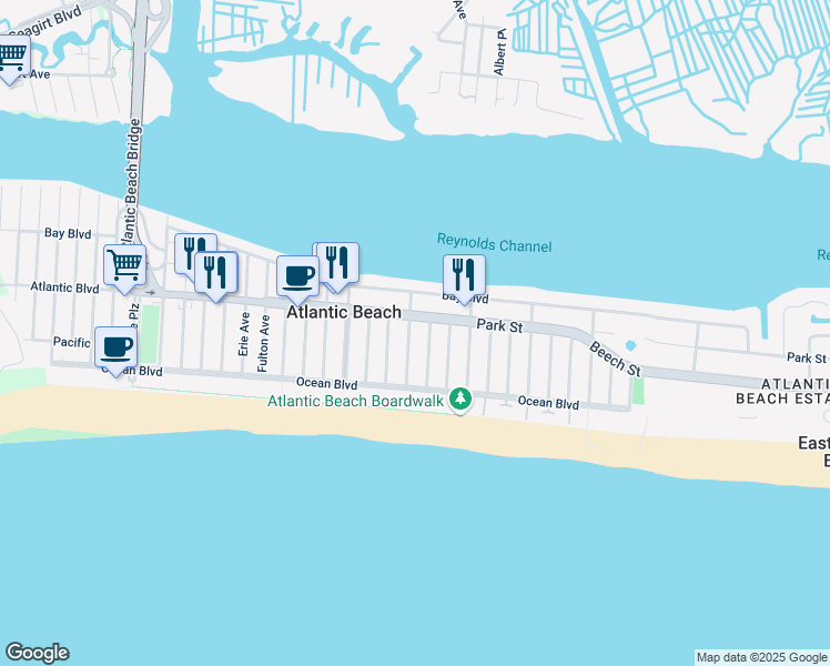 map of restaurants, bars, coffee shops, grocery stores, and more near 90 Montgomery Boulevard in Atlantic Beach