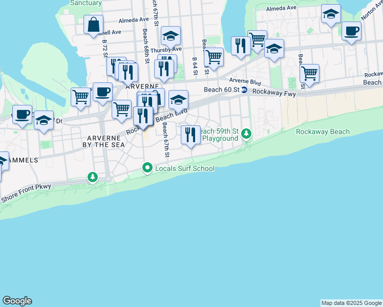 map of restaurants, bars, coffee shops, grocery stores, and more near 114 Beach Way in Queens