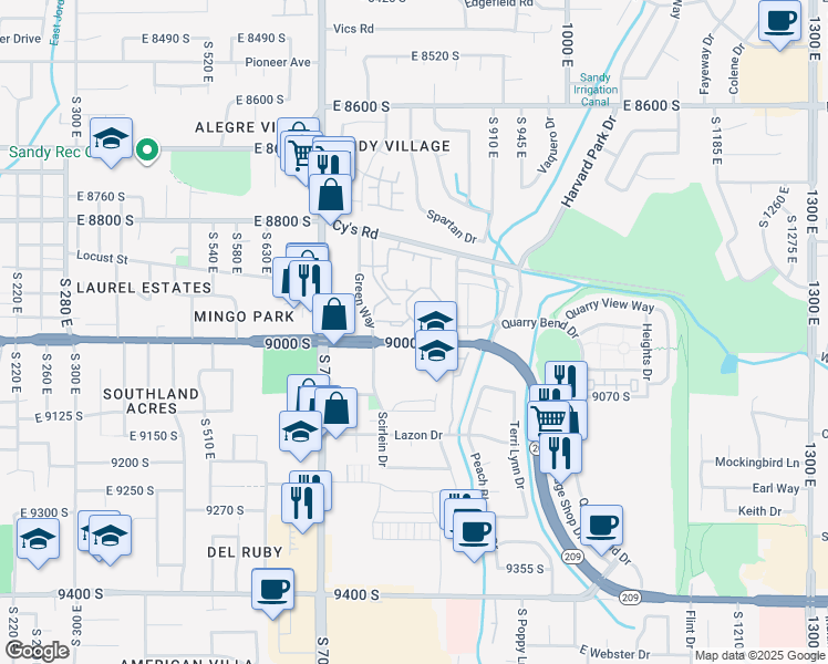 map of restaurants, bars, coffee shops, grocery stores, and more near 835 East 9000 South in Sandy
