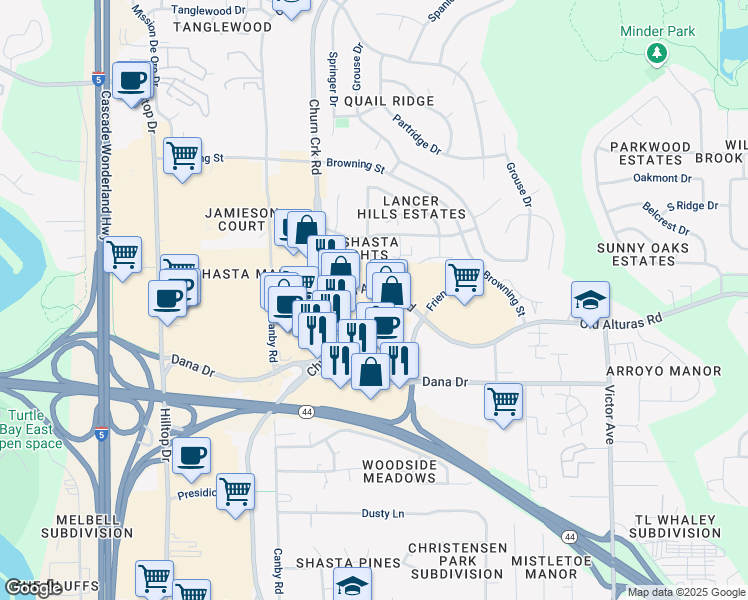 map of restaurants, bars, coffee shops, grocery stores, and more near 1335 Churn Creek Road in Redding