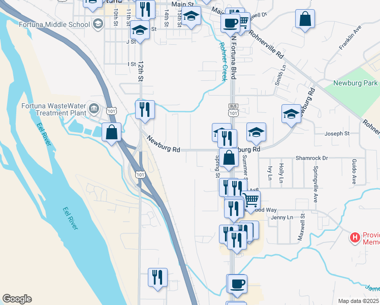 map of restaurants, bars, coffee shops, grocery stores, and more near 1500 Newburg Road in Fortuna