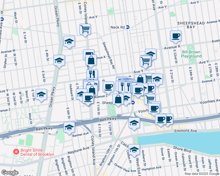 map of restaurants, bars, coffee shops, grocery stores, and more near 1213 Avenue Z in Brooklyn