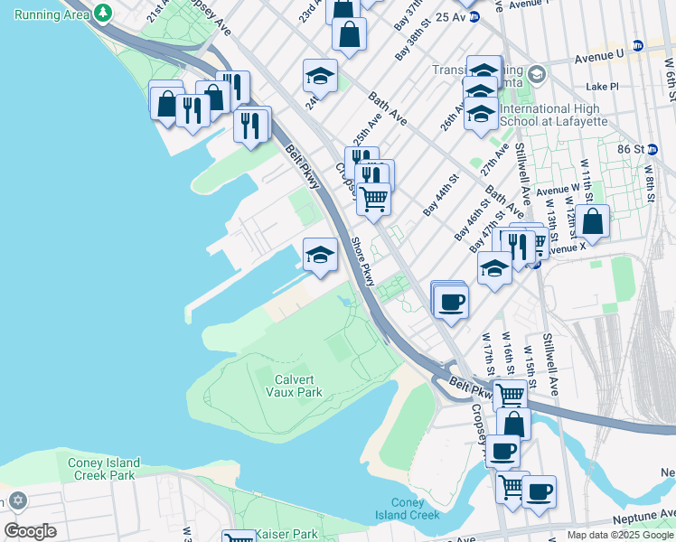 map of restaurants, bars, coffee shops, grocery stores, and more near 1934 Shore Parkway in Brooklyn