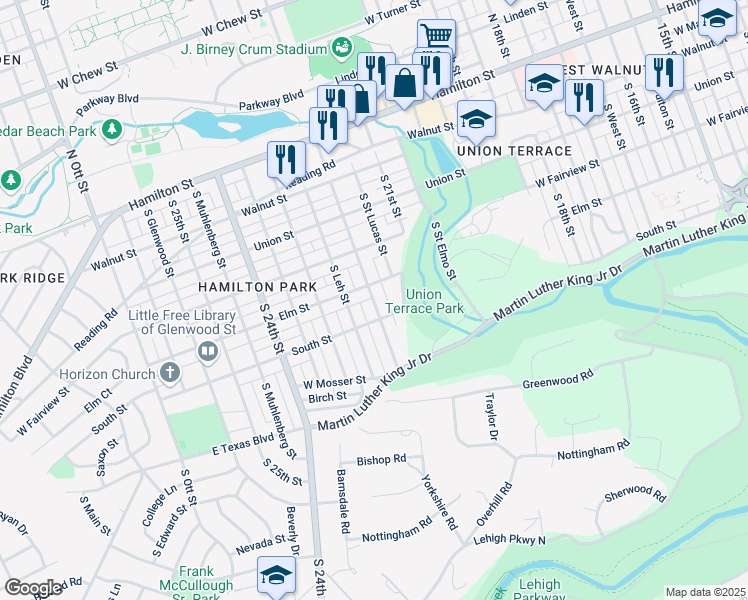 map of restaurants, bars, coffee shops, grocery stores, and more near 415 South 22nd Street in Allentown