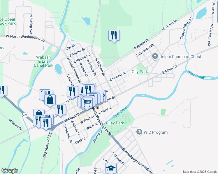 map of restaurants, bars, coffee shops, grocery stores, and more near 323 East Franklin Street in Delphi