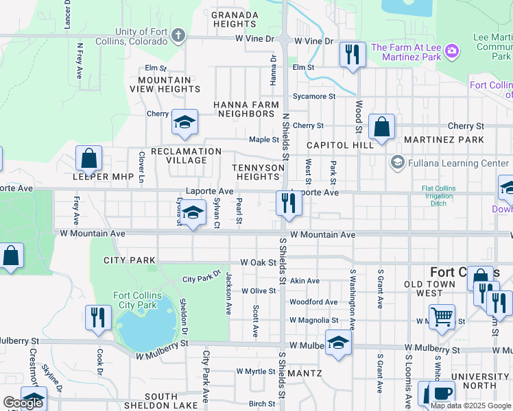 map of restaurants, bars, coffee shops, grocery stores, and more near 112 Jamith Place in Fort Collins