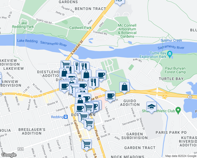 map of restaurants, bars, coffee shops, grocery stores, and more near 1205 Liberty Street in Redding