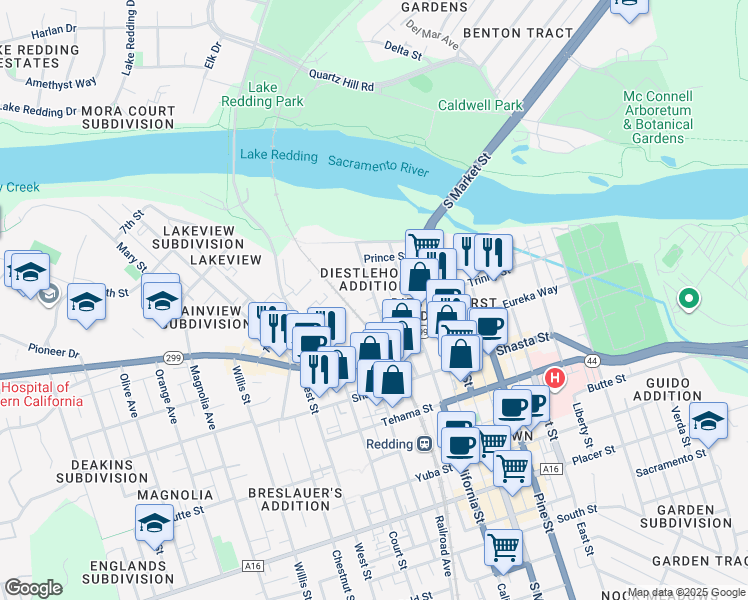 map of restaurants, bars, coffee shops, grocery stores, and more near 1083 Center Street in Redding