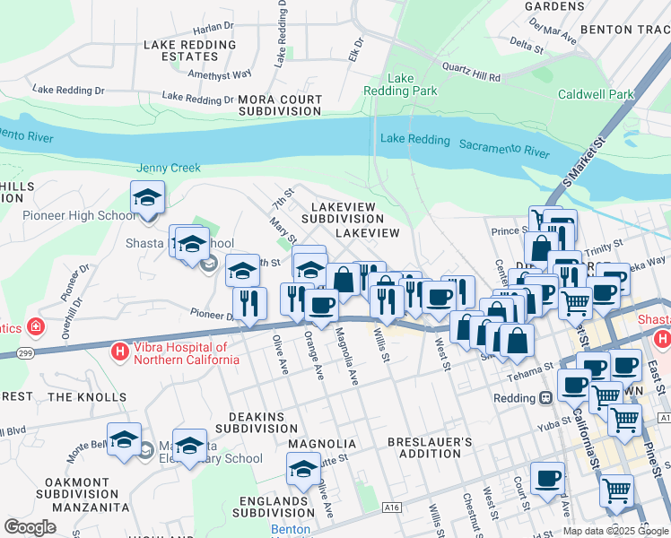 map of restaurants, bars, coffee shops, grocery stores, and more near 930 West Street in Redding