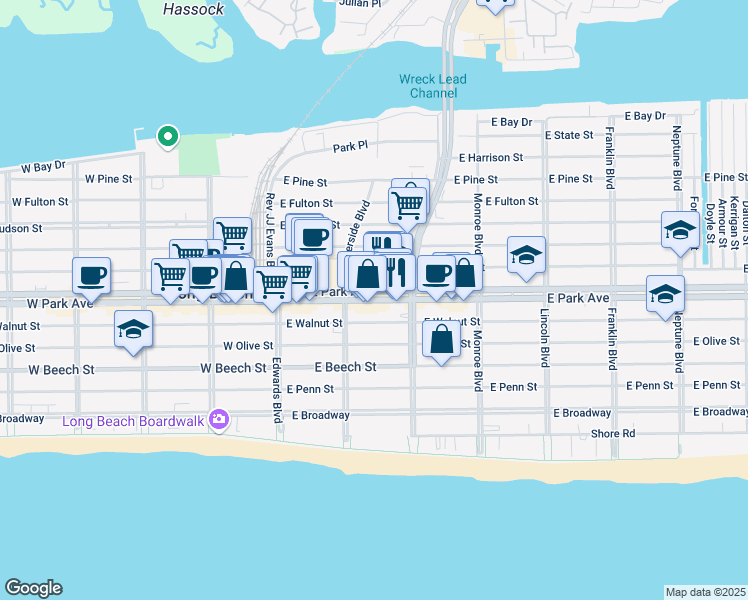 map of restaurants, bars, coffee shops, grocery stores, and more near 118 East Park Avenue in Long Beach