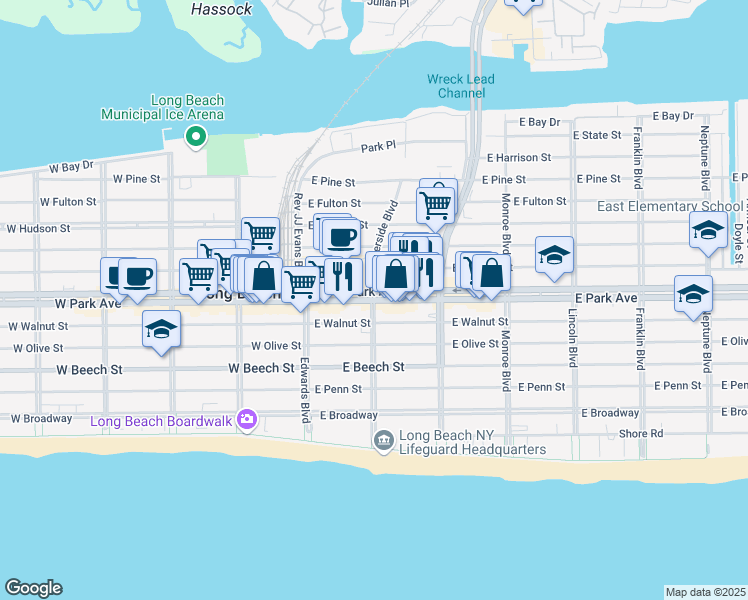 map of restaurants, bars, coffee shops, grocery stores, and more near 118 East Park Avenue in Long Beach