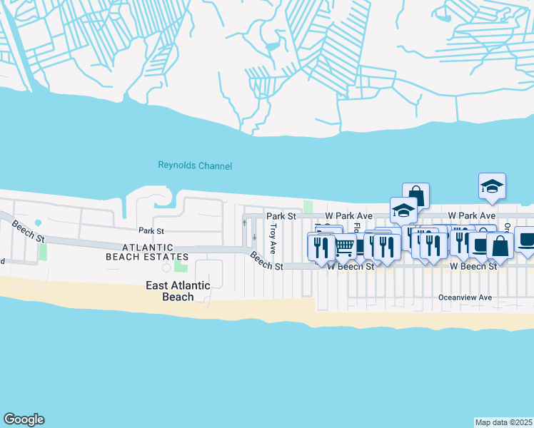 map of restaurants, bars, coffee shops, grocery stores, and more near 58 Bay Street in East Atlantic Beach