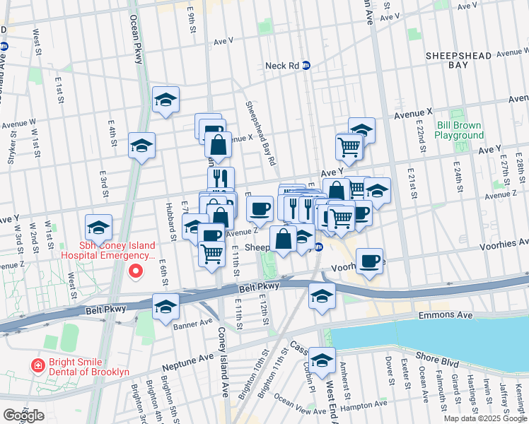 map of restaurants, bars, coffee shops, grocery stores, and more near 1213 Avenue Z in Brooklyn