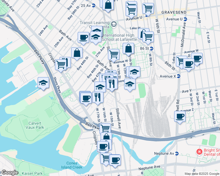 map of restaurants, bars, coffee shops, grocery stores, and more near 2440 Stillwell Avenue in Brooklyn