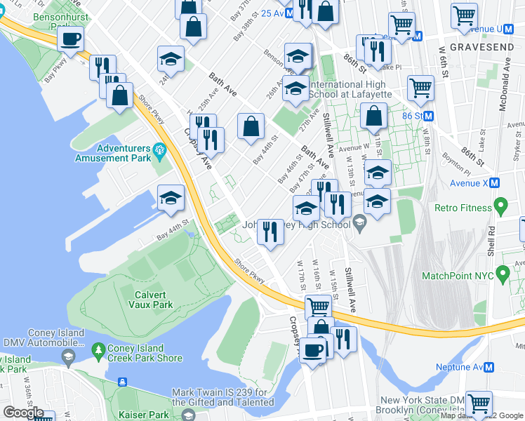 map of restaurants, bars, coffee shops, grocery stores, and more near 206 Bay 46th Street in Brooklyn