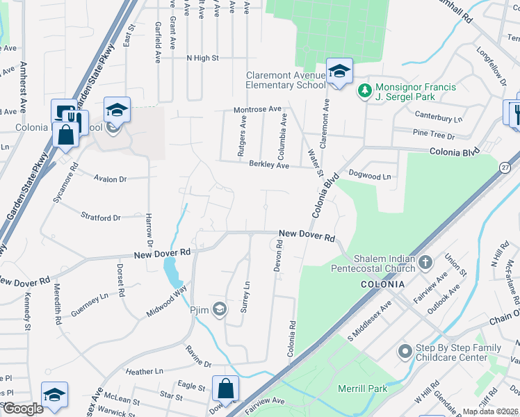map of restaurants, bars, coffee shops, grocery stores, and more near 31 Warwick Road in Woodbridge Township