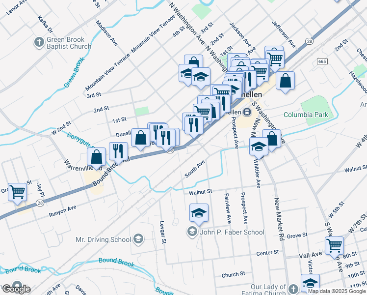 map of restaurants, bars, coffee shops, grocery stores, and more near 532 Bound Brook Road in Dunellen