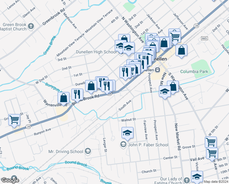 map of restaurants, bars, coffee shops, grocery stores, and more near 532 Bound Brook Road in Dunellen