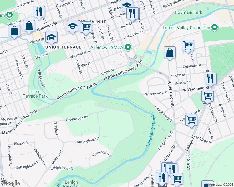 map of restaurants, bars, coffee shops, grocery stores, and more near 1613 Lehigh Parkway East in Allentown